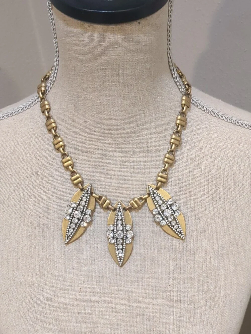 Vintage J Crew Gold Statement Leaf Necklace with Clear Crystals